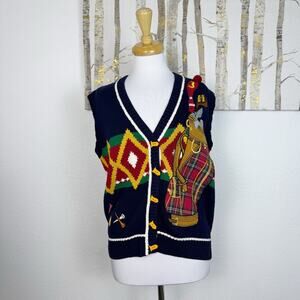 Vintage Lizi Ruch Golf Cardigan Sweater Vest 3D Novelty Applique Navy Blue Red M